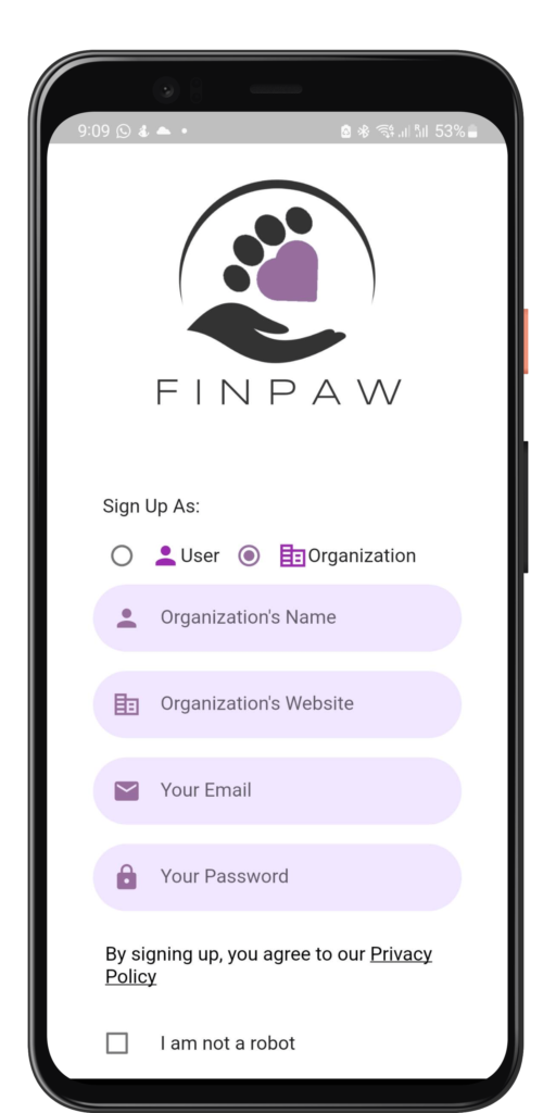Register as an orgnaization screenshot