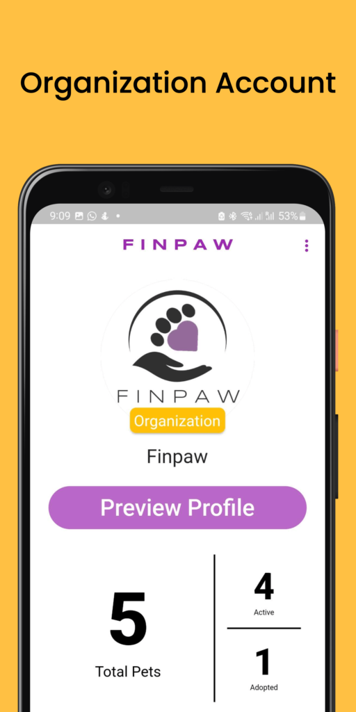 Finpaw Orgnaization Account screenshot